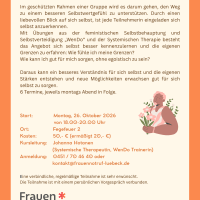 Ankündigungsflyer, Text entspricht dem oben genannten, Zusätzlich ist eine Person mit Blumenstrauß in den Armen abgebildet